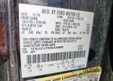 2017 Ford Expedition Xlt из США, поврежденный, VIN 1FMJU1JT5HEA34985